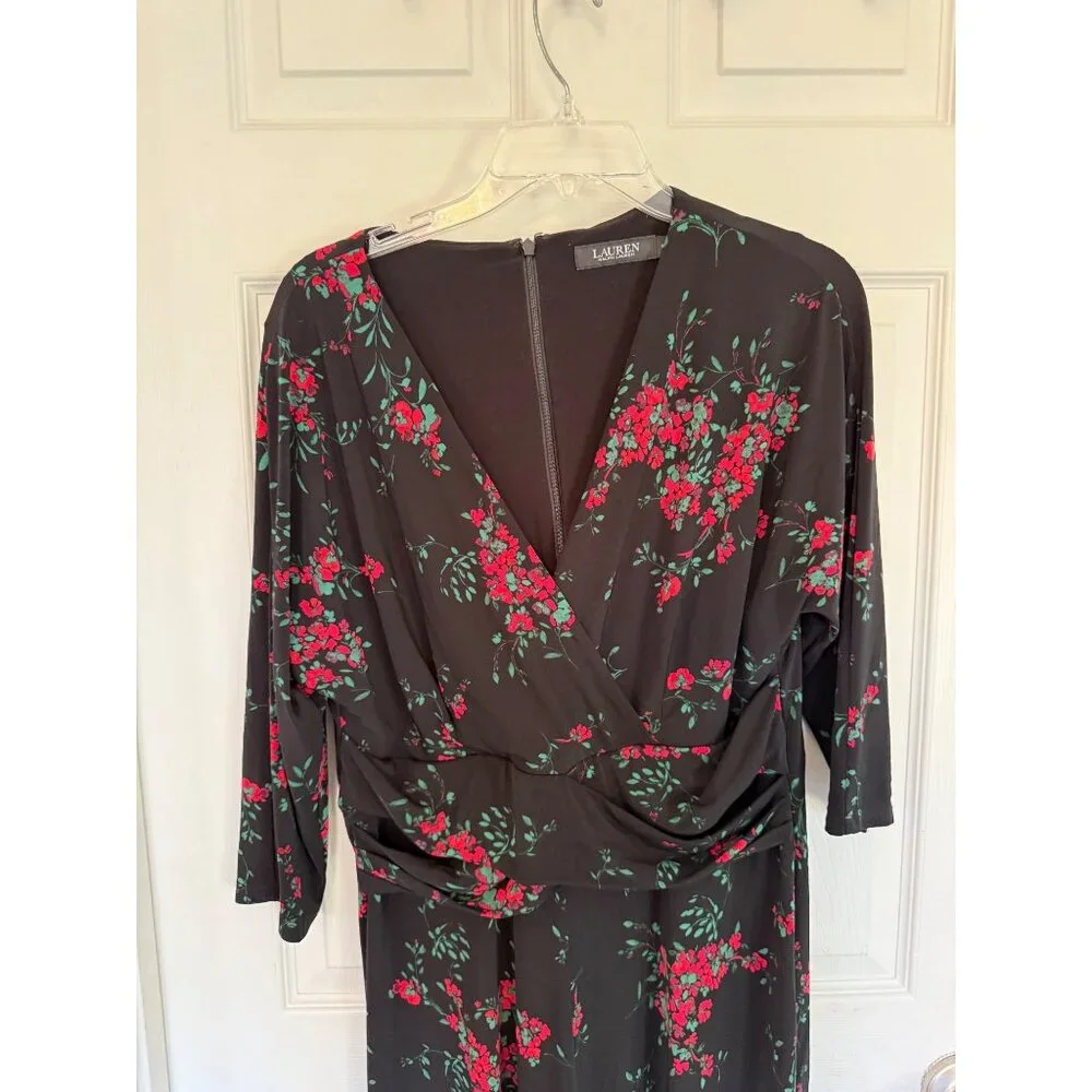 Lauren Ralph Lauren V-neck Black/Red Floral Maxi Length Dress Size 12 - Picture 2 of 6